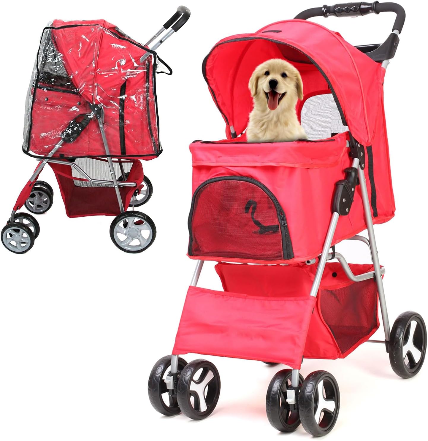 Foldable Pet Stroller with Rain Cover – Compact Pram for Small & Medium Dogs & Cats, Cup Holder & Storage Basket (Red)
