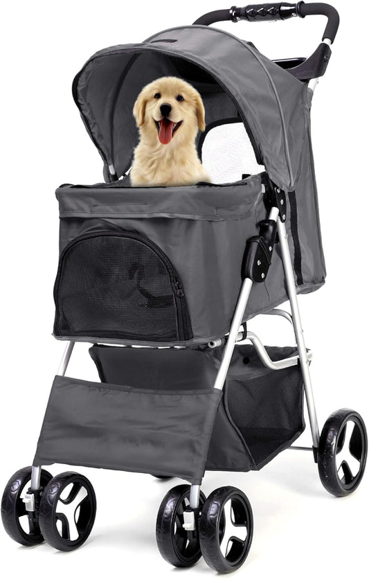 Foldable Pet Stroller with Rain Cover – Compact Pram for Small & Medium Dogs & Cats, Cup Holder & Storage Basket (Grey)