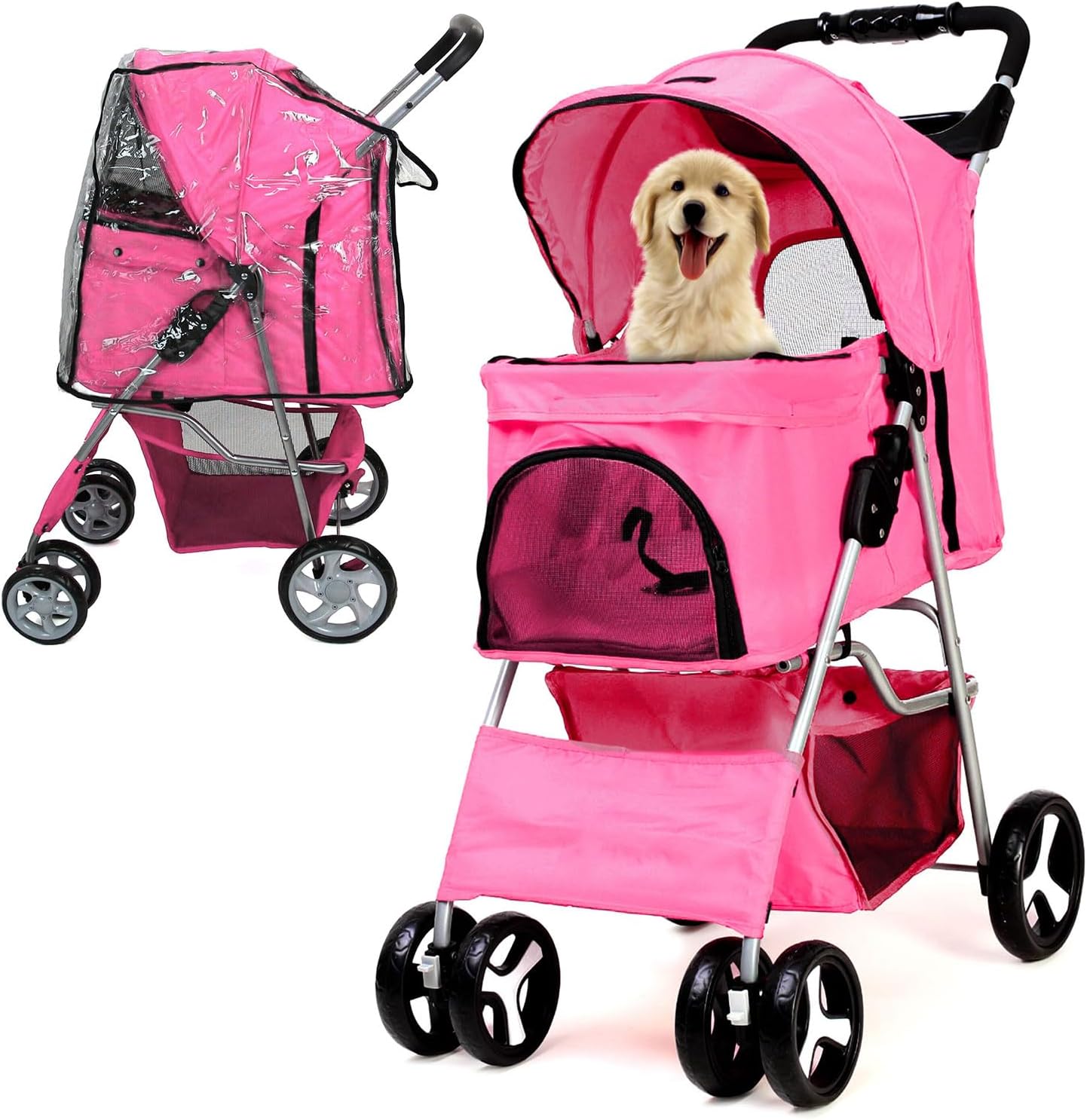 Foldable Pet Stroller with Rain Cover – Compact Pram for Small & Medium Dogs & Cats, Cup Holder & Storage Basket (Pink)