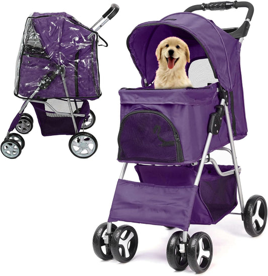 Foldable Pet Stroller with Rain Cover – Compact Pram for Small & Medium Dogs & Cats, Cup Holder & Storage Basket (Purple)
