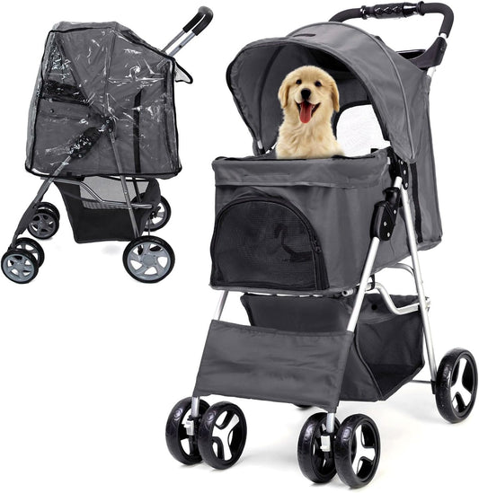 Foldable Pet Stroller with Rain Cover – Compact Pram for Small & Medium Dogs & Cats, Cup Holder & Storage Basket (Grey)